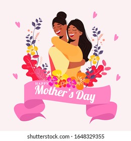 Happiness Mother and Daughter Hugging To Each Other with Colorful Floral and Hearts on White Background for Happy Mother's Day Celebration.
