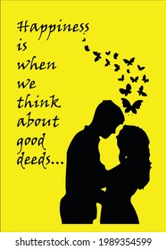 Happiness motivational quotes printable post card template. A gift for friend. Yellow and black motive quote. Simple greeting card print designs for friends family and love. 