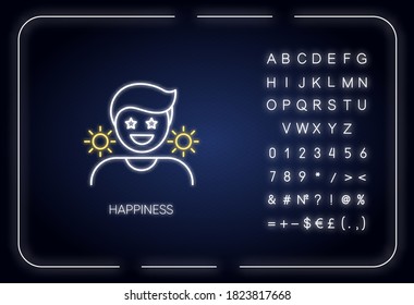 Happiness neon light icon. Outer glowing effect. Positive mindset, optimistim. Good mood sign with alphabet, numbers and symbols. Happy, cheerful person vector isolated RGB color illustration