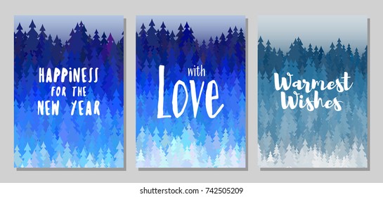 Happiness for the New Year, with love, warmest wishes cards. Winter forest with blue christmas trees landscape. Winter scene background with fir trees, spruces. Greeting card templates vector design.