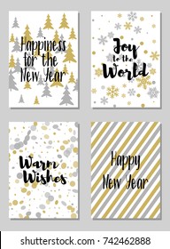 Happiness to the New Year warm wishes, Joy to the world cards. Holiday postcards, banners graphic design collection with snow flakes. Greeting New Year cards vector templates set. 