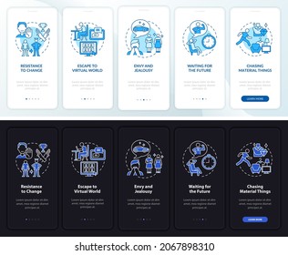 Happiness obstacles light and dark onboarding mobile app page screen. Walkthrough 5 steps graphic instructions with concepts. UI, UX, GUI vector template with linear night and day mode illustrations