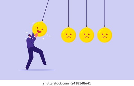 Happiness, optimistic, balance between happiness and sadness, businessman holding smile face pendulum ball to hit other sad faces