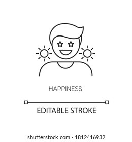 Happiness Pixel Perfect Linear Icon. Emotional Reaction, Feeling Of Joy Thin Line Customizable Illustration. Contour Symbol. Happy, Cheerful Person Vector Isolated Outline Drawing. Editable Stroke