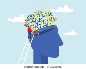 happiness or positive attitude, Man watering brain and growing happy face seedling plant Wellbeing in flat design