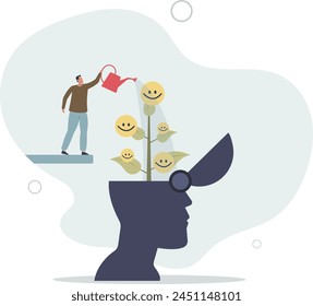 happiness or positive attitude, relaxation to reduce anxiety increasing positive emotion,flat vector illustration.