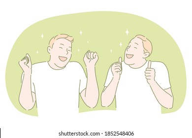 Happiness, positive emotions, cheerful and happy face concept. Smiling boy cartoon characters standing, gesticulating, showing thumbs up sign with fingers and feeling joy, excitement, happiness, fun