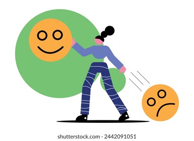 Happiness and positive thinking, optimism, a female character carrying a smiling emoji