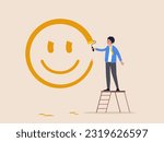 Happiness and positive thinking, optimism or motivation to live happy life concept, happy boy climb up ladder to paint smile face on the wall. Modern flat vector illustration