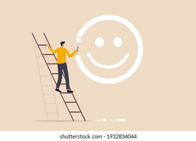 Happiness and positive thinking, optimism or motivation to live happy life concept, happy boy climb up ladder to paint smile face on the wall.