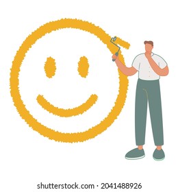 Happiness and positive thinking, optimism or motivation to live happy life concept, happy boy climb up ladder to paint smile face on the wall.