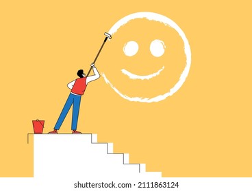 Happiness and positive thinking, optimism or motivation to live happy life concept. Boy climb up ladder to paint smile face on the wall.