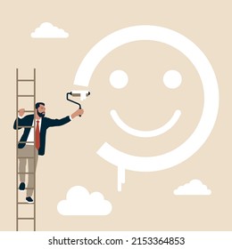 Happiness and positive thinking, optimism or motivation to live happy life concept, happy businessman climb up ladder to paint smile face on the window glass.