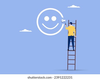 Felicidad y pensamiento positivo, optimismo o motivación para vivir el concepto de vida feliz, niño feliz sube por la escalera para pintar la cara de sonrisa en la pared.
ilustración vectorial.