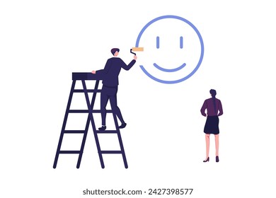 La felicidad y el pensamiento positivo, el optimismo o la motivación para vivir la vida feliz concepto, el niño feliz sube la escalera para pintar la cara de la sonrisa en la pared