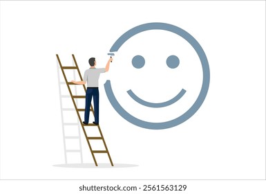 Happiness and positive thinking, optimism or motivation to live happy life concept, happy boy climb up ladder to paint smile face on the wall.
