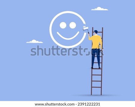 Happiness and positive thinking, optimism or motivation to live happy life concept, happy boy climb up ladder to paint smile face on the wall.
vector illustration.