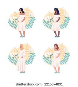 Happiness of pregnancy 2D vector isolated illustrations set. Future mothers flat characters on cartoon background. Expectation colourful editable scenes for mobile, website, presentation pack