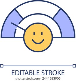 Happiness progress meter RGB color icon. Emotion measurement, scale. Cheerful positive face. Satisfaction speedometer. Isolated vector illustration. Simple filled line drawing. Editable stroke