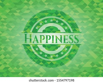 Happiness realistic green emblem. Mosaic background. Vector Illustration. Detailed.