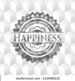 Happiness realistic grey emblem with geometric cube white background