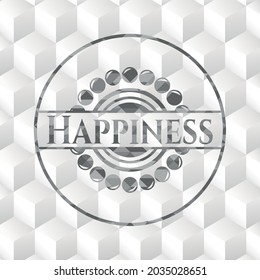 Happiness realistic grey emblem with geometric cube white background. 