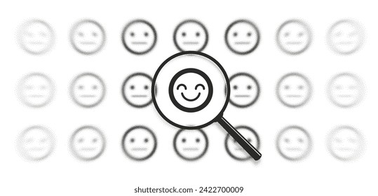 Happiness search, psychological emotion, bipolar control concept. Mental health care icon. Magnifying glass zoom. Focus lens, transparent blur, morphism effect. Grain, dot halftone, noise texture.