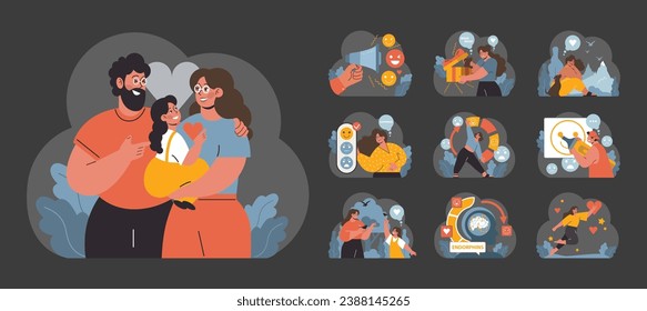 Happiness set. Expressing joy through family bonding, digital smiles, dancing, and nature. Spreading love, endorphins release, and mood boosters. Flat vector illustration