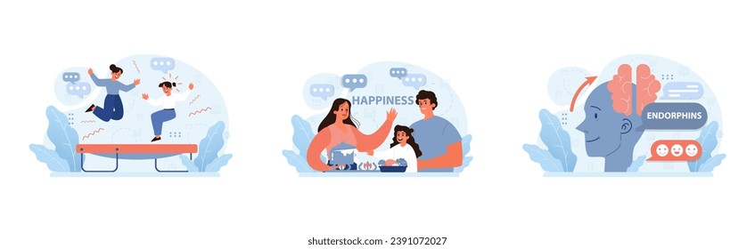 Happiness set. Joyful duo bouncing on trampoline, family sharing sweet moments, brain releasing feel-good endorphins. Shared joy, quality family time, brain science. Flat vector illustration.