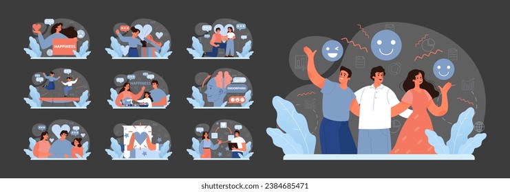 Happiness set. Joyful individuals expressing positive emotions. Dancing on trampoline, family bonding, brain releasing endorphins. Moments of elation and contentment. Flat vector illustration