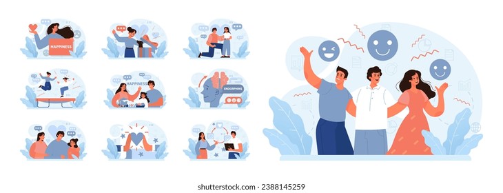 Happiness set. Joyful individuals expressing positive emotions. Dancing on trampoline, family bonding, brain releasing endorphins. Moments of elation and contentment. Flat vector illustration