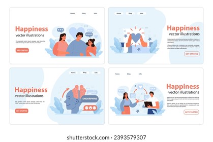 Happiness set. Joyful moments between friends, chemistry of joy with endorphins, shared digital love, office work contentment. Moments of love and joy. Warm interactions. Flat vector illustration