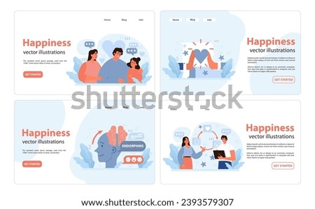 Happiness set. Joyful moments between friends, chemistry of joy with endorphins, shared digital love, office work contentment. Moments of love and joy. Warm interactions. Flat vector illustration