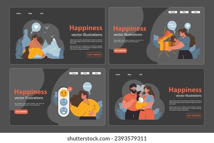 Happiness set. Joyful moments captured: woman with nature, playful interaction with a pet, feeling of content with emojis, and family warmth. Serene smiles, light-hearted moments, togetherness