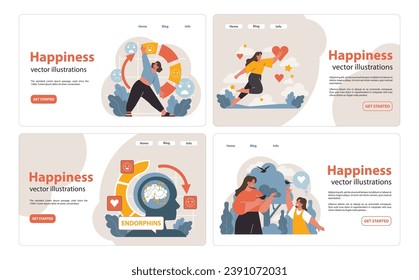 Happiness set. Joyful moments in daily life. Celebrating wins, releasing endorphins, bonding in nature. Experiencing love and positivity. Flat vector illustration