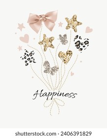 happiness slogan with balloon heart and star glitter vector illustration for girl fashion print 