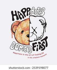 happiness slogan with bear doll half cartoon line art face vector illustration