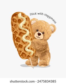 happiness slogan with bear doll holding a giant waffle stick vector illustration