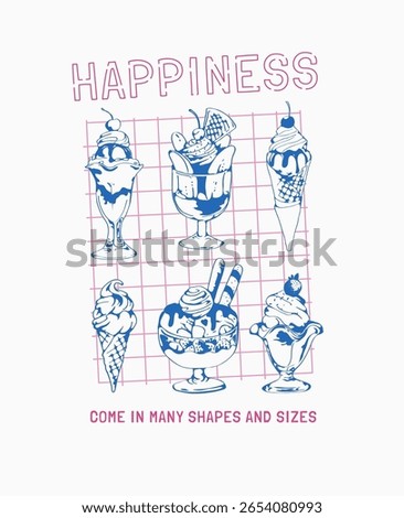 happiness slogan with hand drawn ice cream on grid background vector illustration