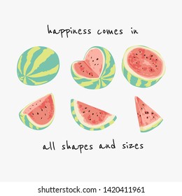 happiness slogan with pieces of watermelon illustration