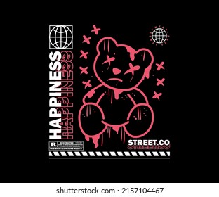 happiness slogan typography with  bear doll art t shirt design Aesthetic for streetwear and urban style t-shirts design, hoodies, etc.