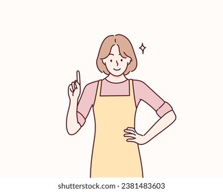 felicidad sonriente joven mujer adulta con el dedo del gesto de la mano uniforme del delantal hacia arriba. Ilustraciones de diseño vectorial de estilo dibujado a mano.