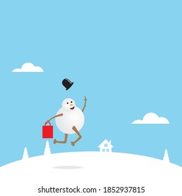Happiness snowman with hat and scarf isolated on blue background for greeting card or any design. Vector illustration
