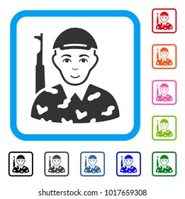 Happiness Soldier vector icon. Person face has joyful expression. Black, gray, green, blue, red, orange color variants of soldier symbol inside a rounded squared frame. A person wearing a cap.