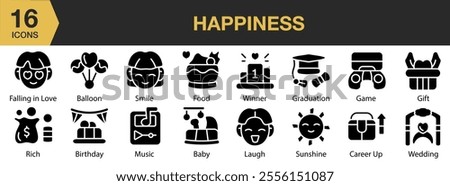 Happiness solid icon set. Includes smile, winner, laugh, sunshine, career up, graduation, and More. Solid icons vector collection.