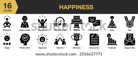 Happiness solid icon set. Includes music, birthday, chat, party, win, champion, good grade, and More. Solid icons vector collection.