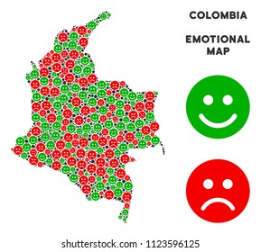 Happiness and sorrow Colombia map mosaic of emojis in green and red colors. Positive and negative mood vector template. Colombia map is designed with red sorrow and green joy emotion symbols.