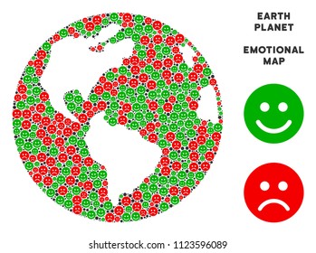 Happiness and sorrow Earth globe collage of emojis in green and red colors. Positive and negative mood vector concept. Earth globe is composed from red sorrow and green positive emotion symbols.