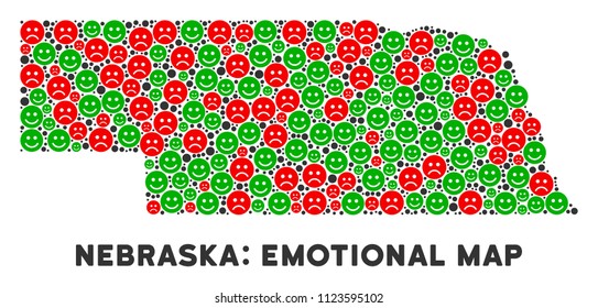 Happiness and sorrow Nebraska State map composition of emojis in green and red colors. Positive and negative mood vector concept.