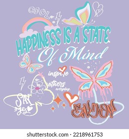 la felicidad es un eslogan del estado mental con la mariposa floral .graffiti mariposa ilustración vectorial. Slogan de moda 